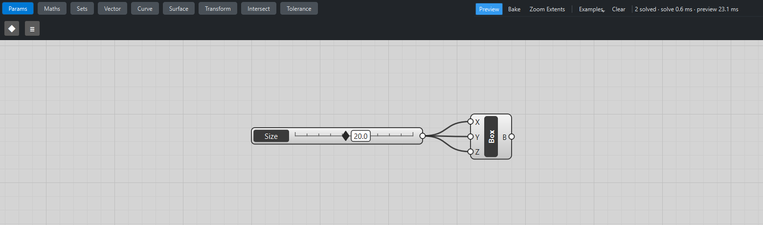 A Size slider wired into the X