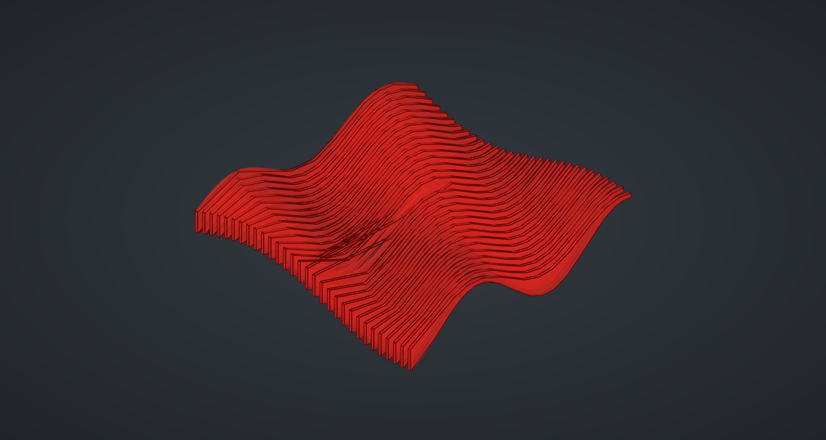 The red preview of the slatted wave ceiling