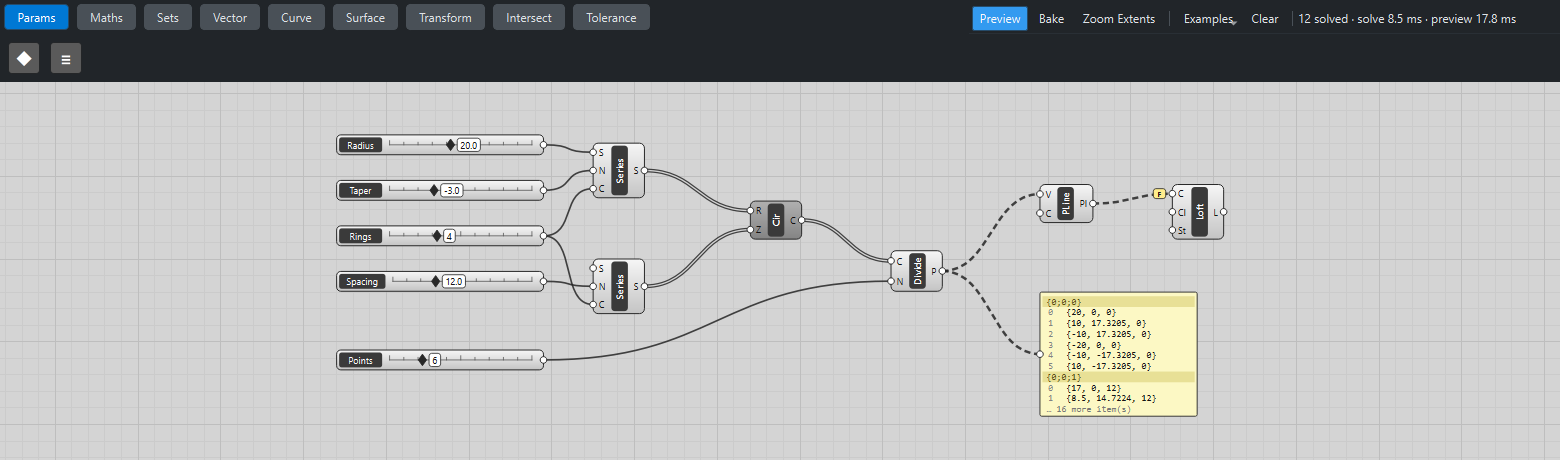 The tree demo: the Panel lists the points of each ring under its own path