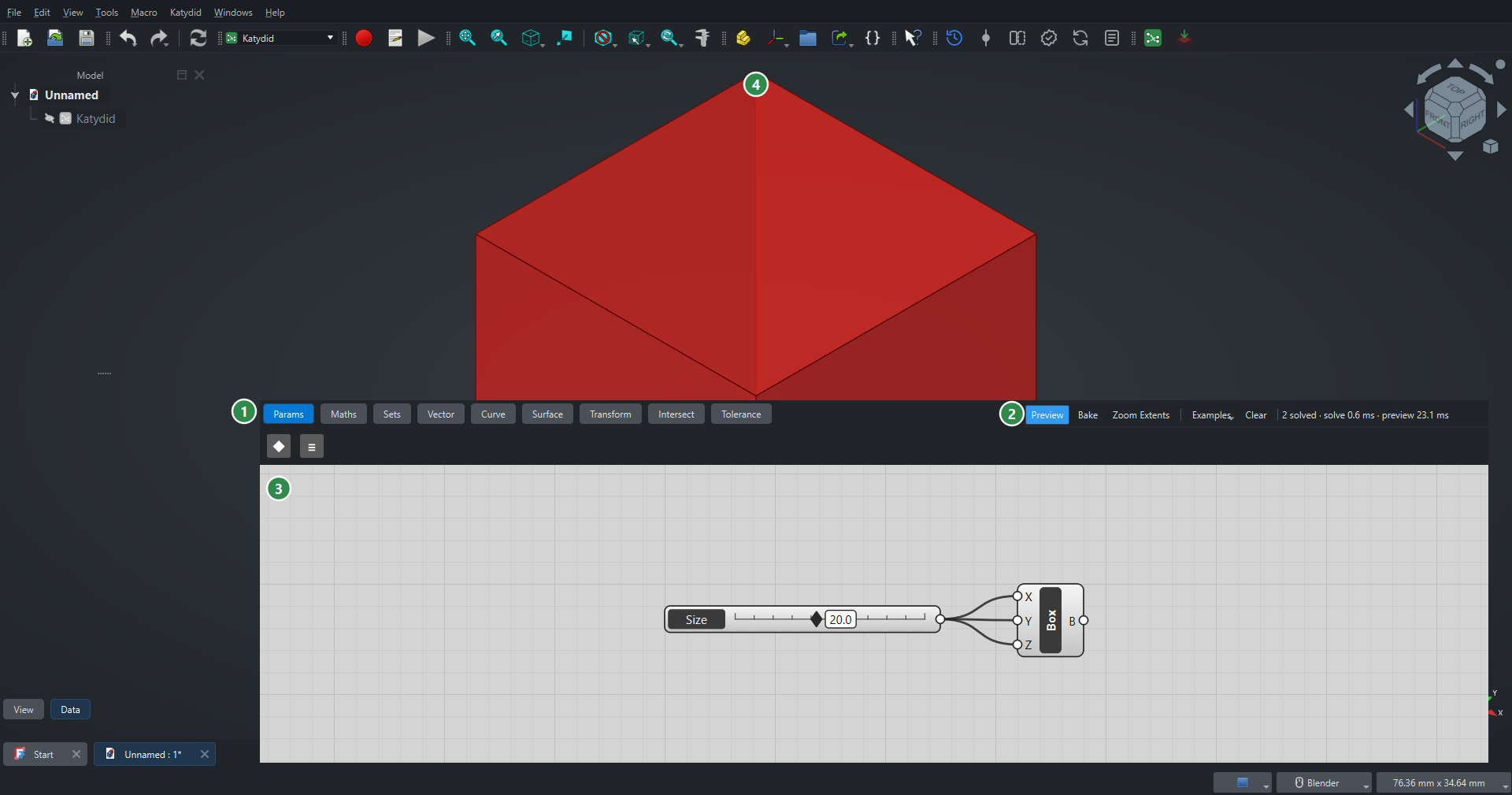 FreeCAD with the Katydid canvas: numbered callouts mark the tabs