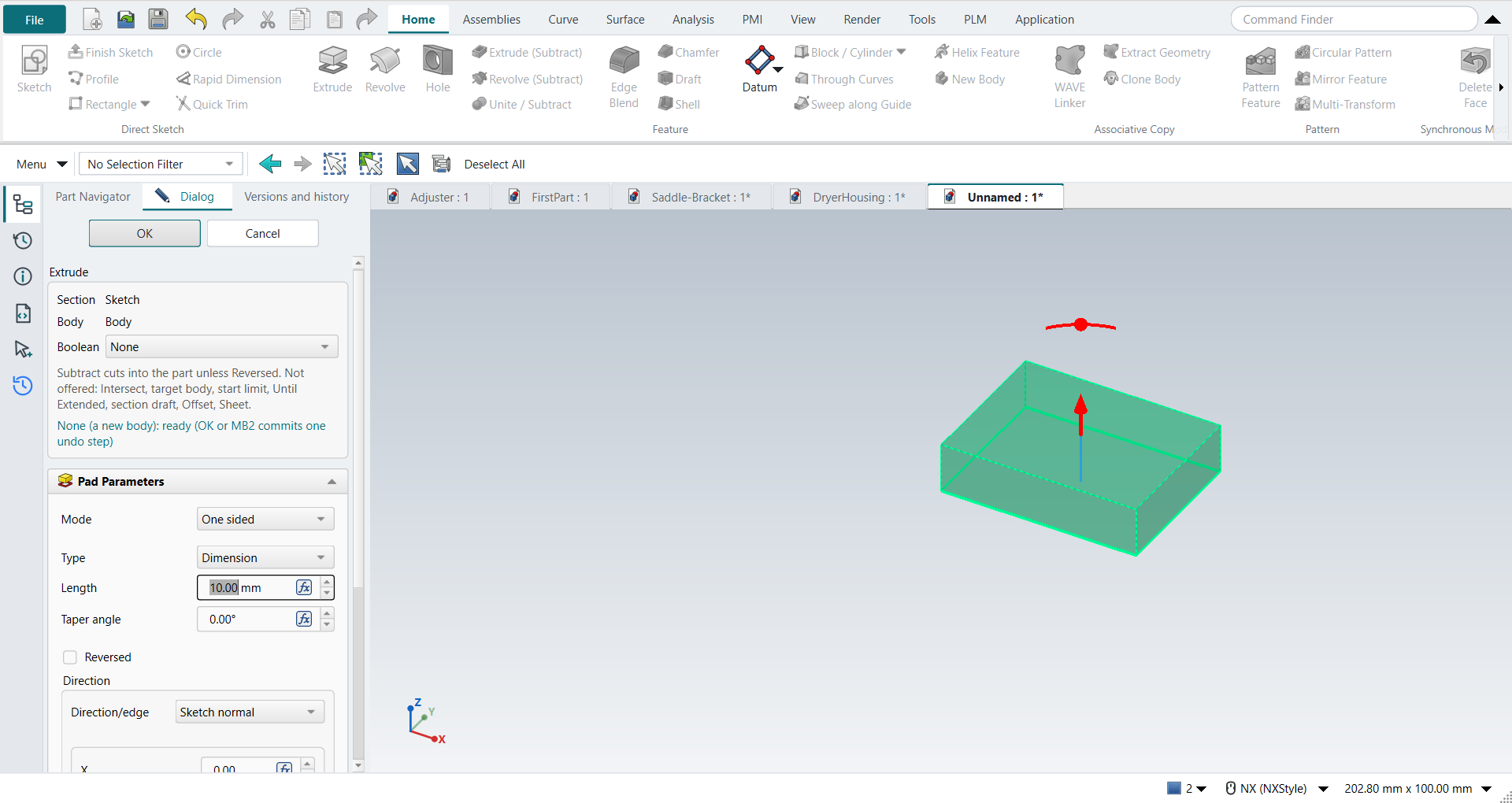 The Extrude dialog with Boolean None