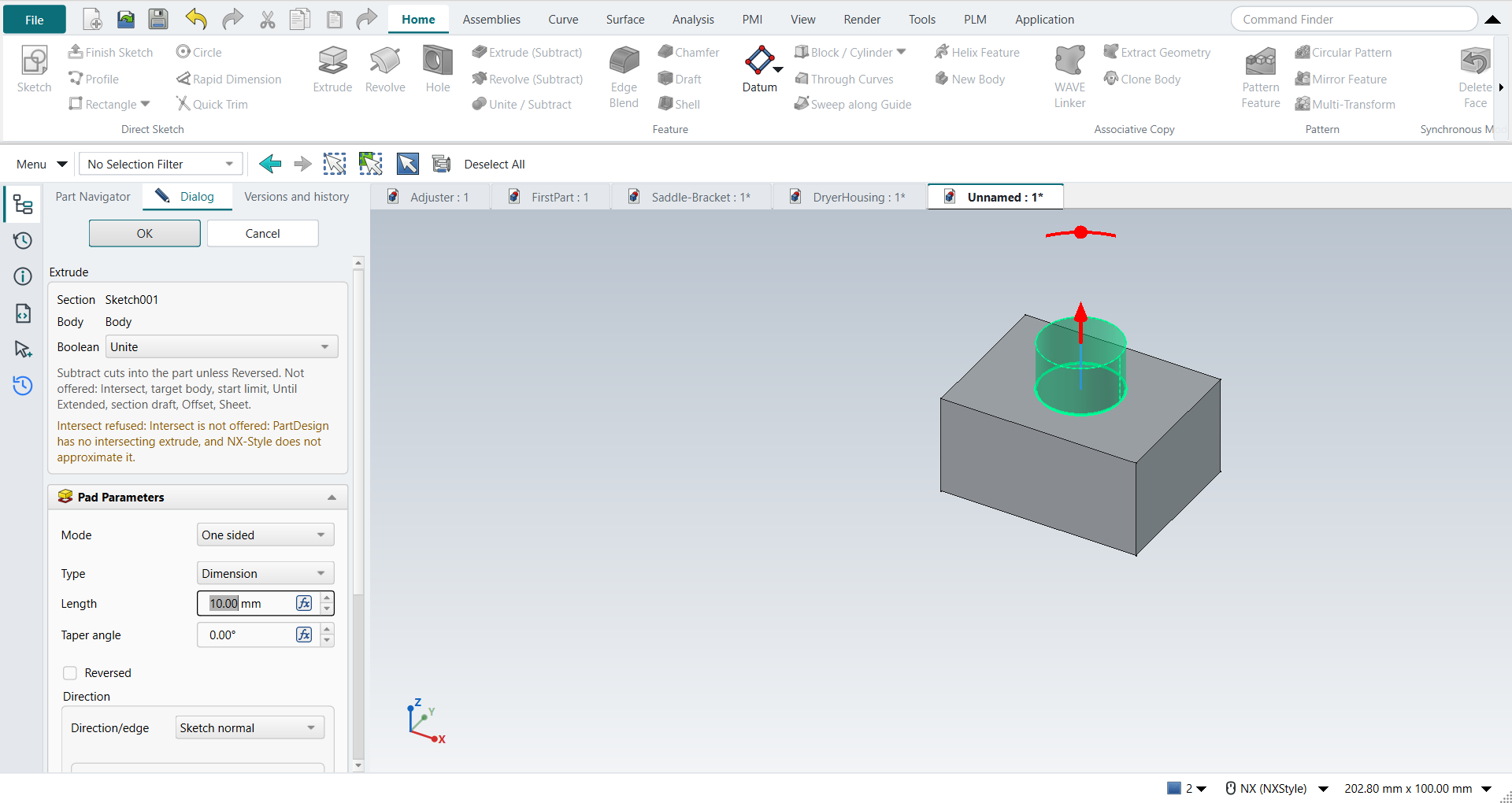 The Extrude dialog with Boolean Unite