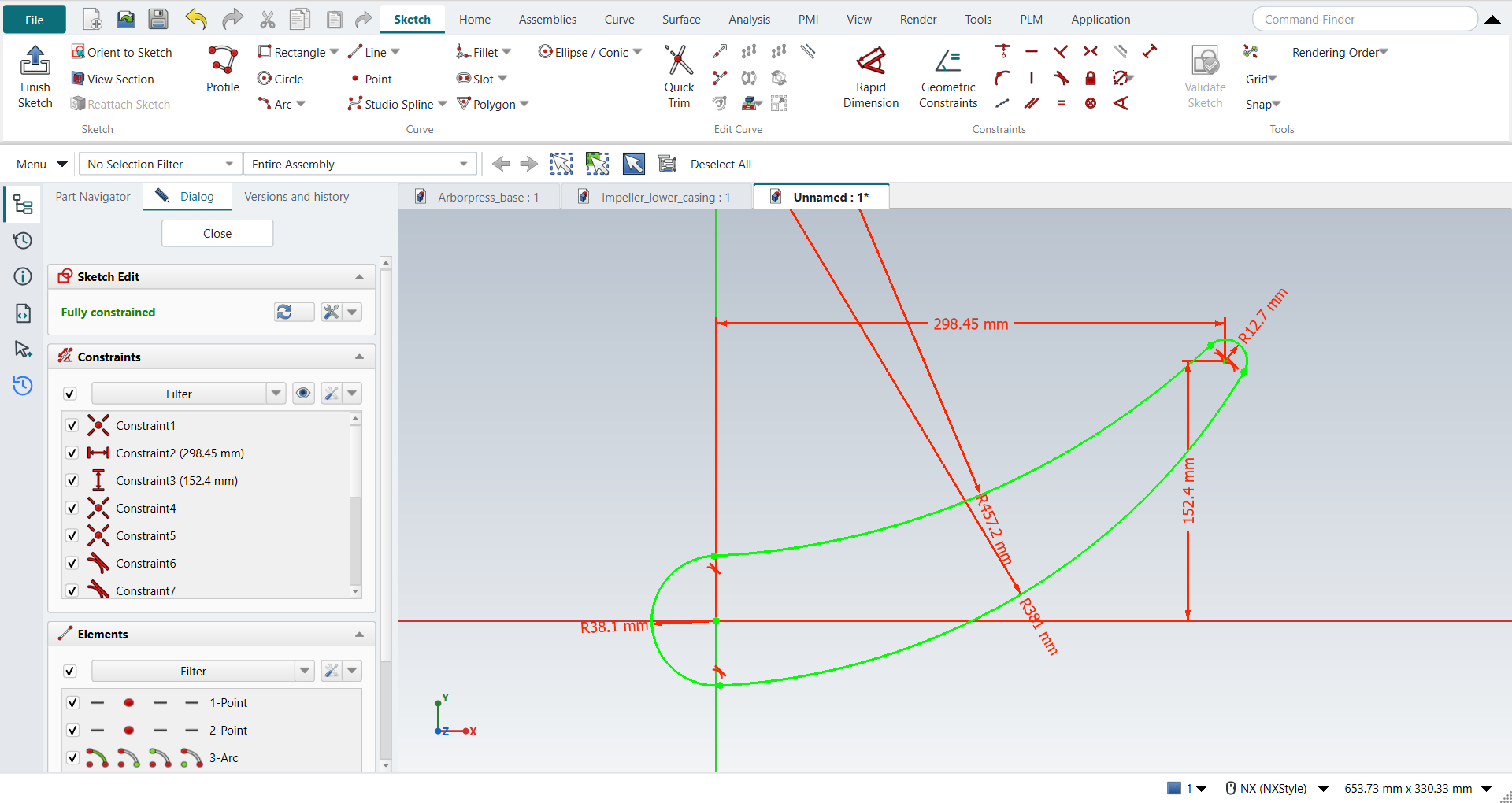 An impeller blade sketch defined by four tangent arcs