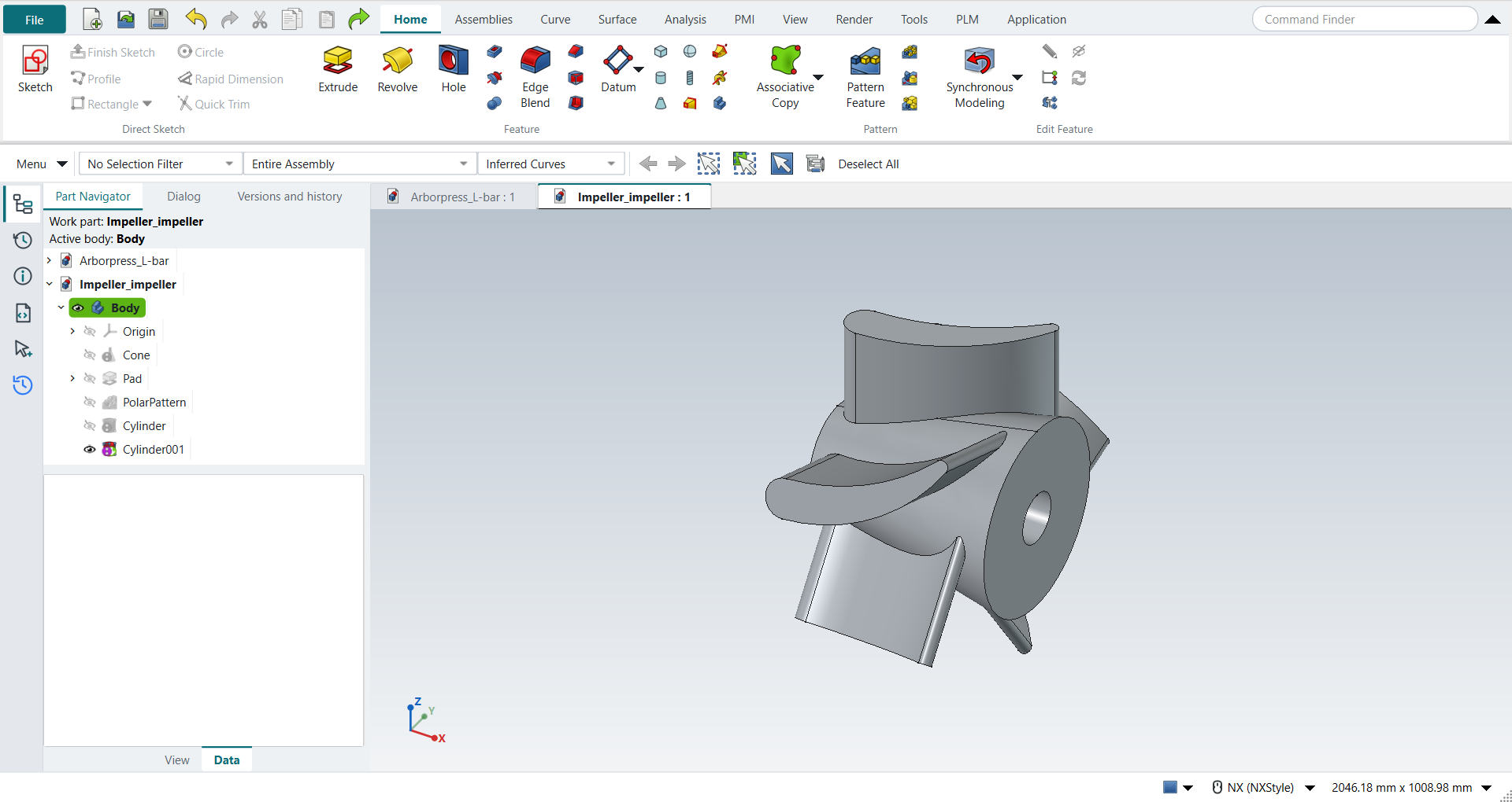 The impeller: the cone with five blades and the hole in its end
