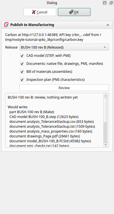 Publish to Manufacturing: release BUSH-100 rev B and the review of what Carbon would get