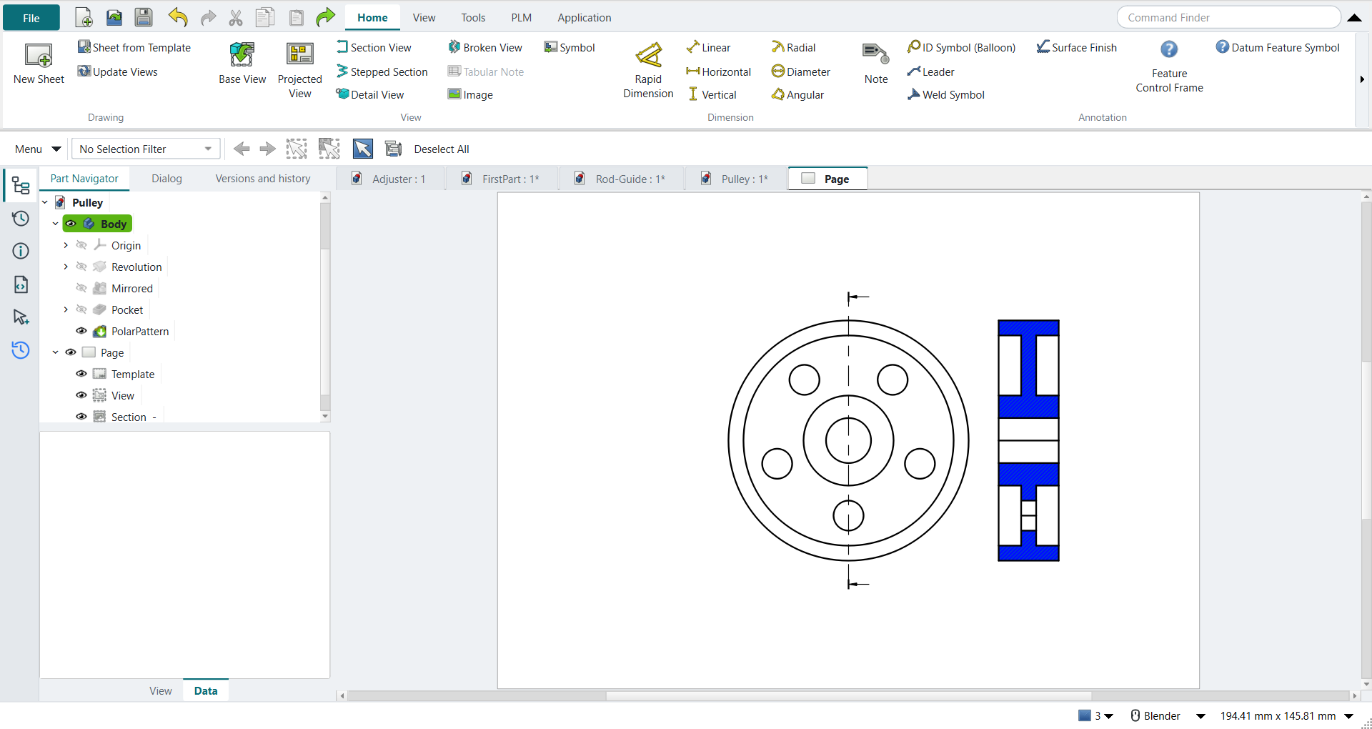 The pulley drawing: right view and section A-A