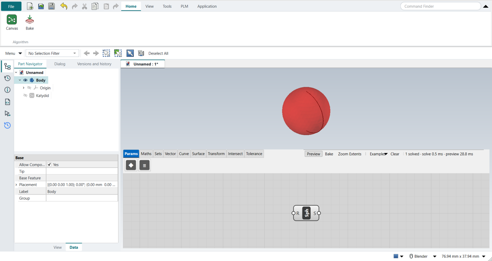 A Sphere component and its preview at the origin
