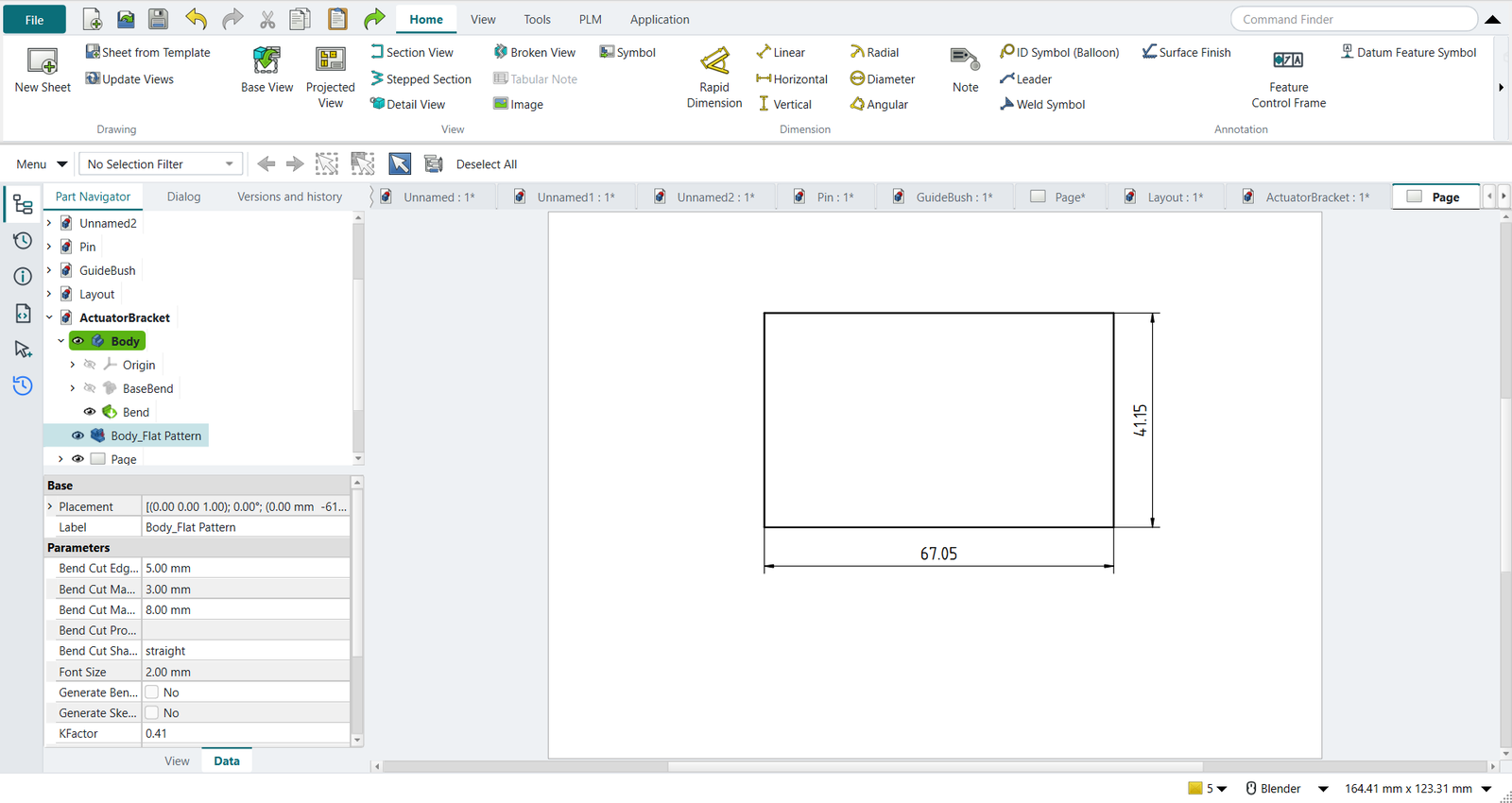 The flat pattern on a drawing sheet with its overall sizes
