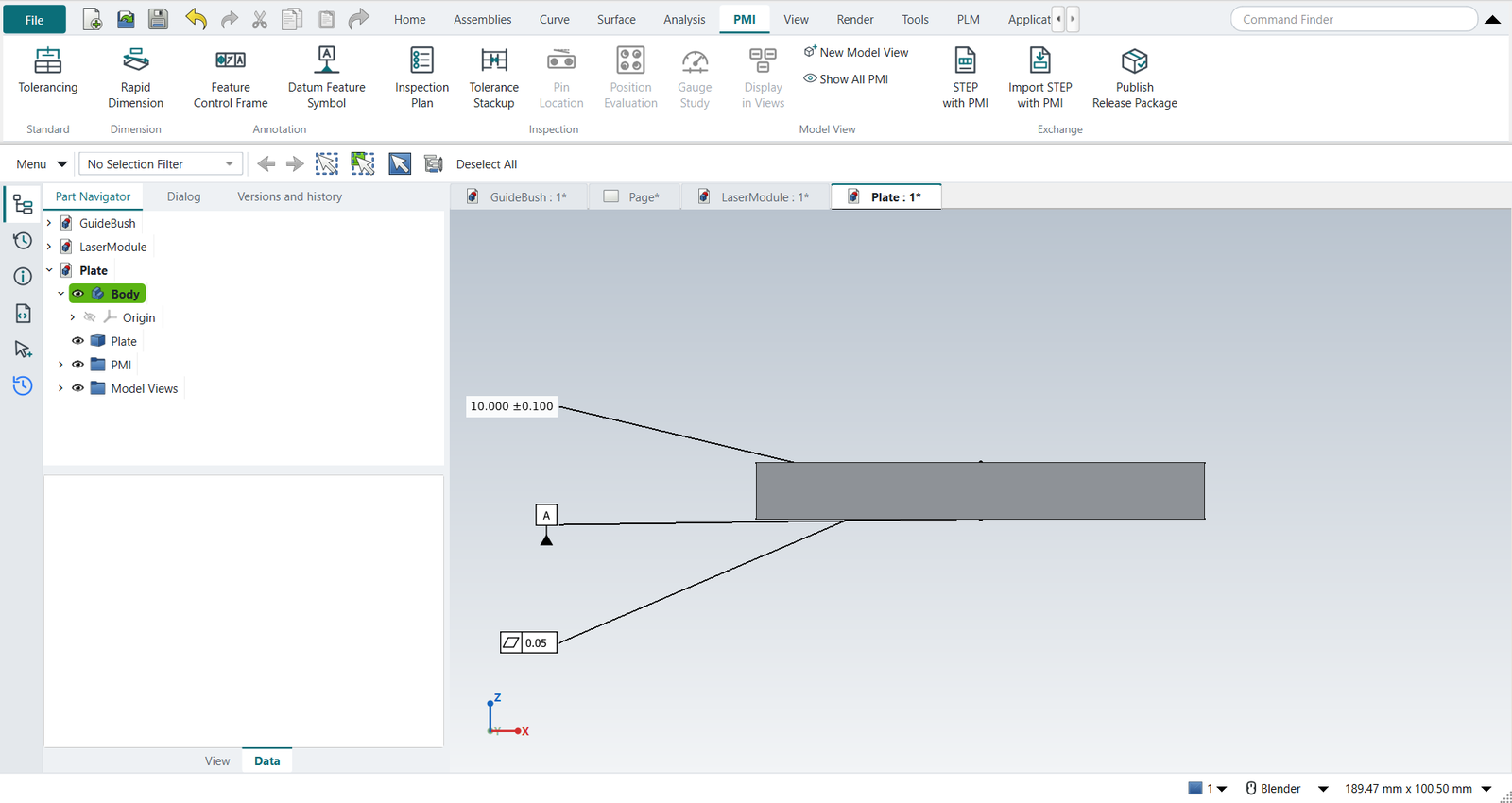 The Front model view: thickness