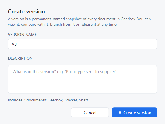 The Create version dialog