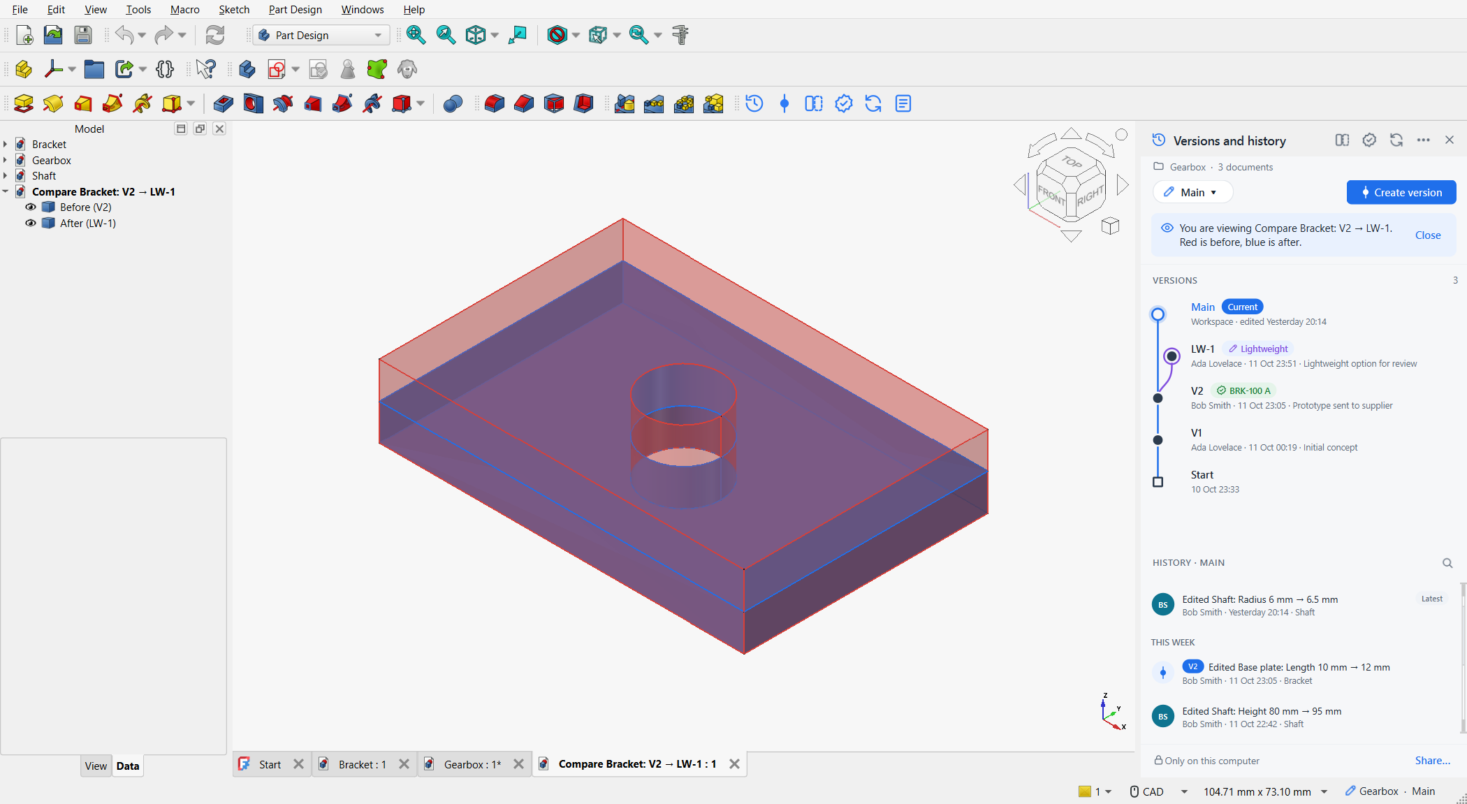 A 3D overlay of two versions of the bracket