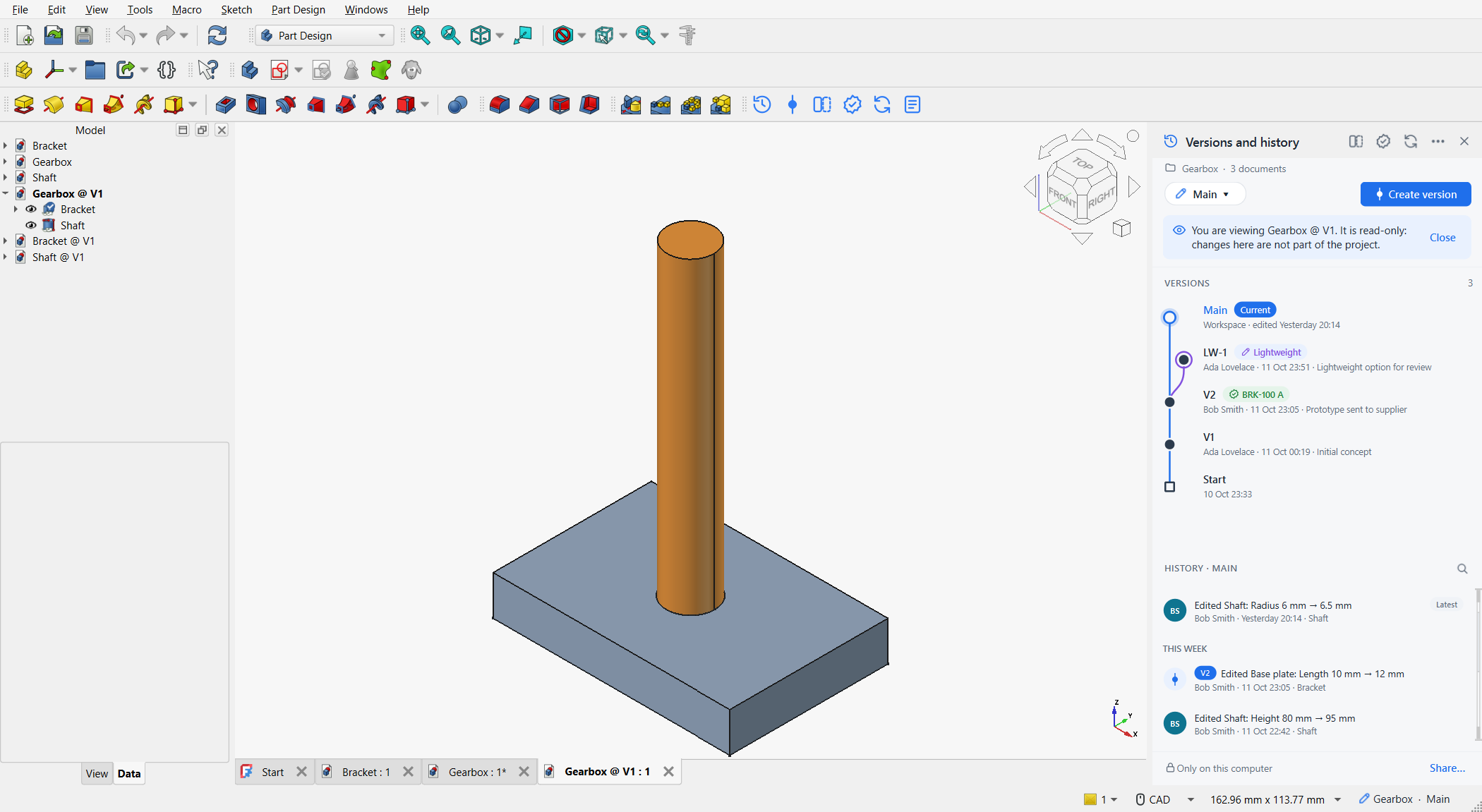 An assembly viewed as it was at version V1