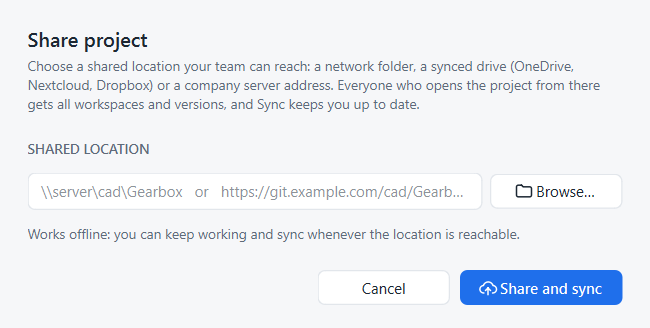The Share project dialog