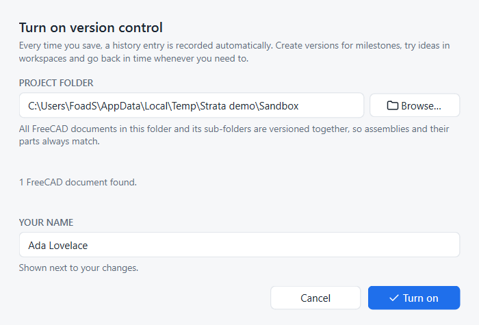 The Turn on version control dialog