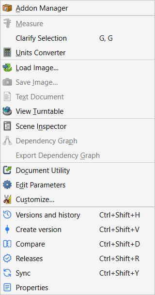 Strata commands and their keys in the Tools menu