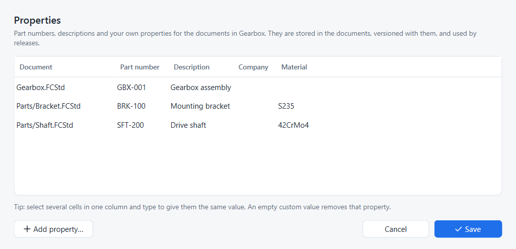 The properties table for all documents of a project