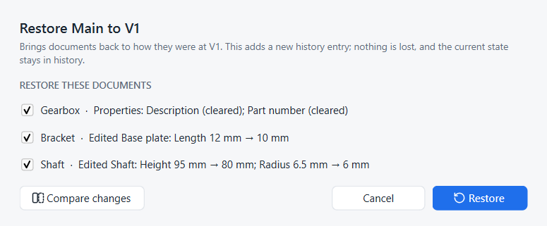 The Restore dialog: choose which documents go back